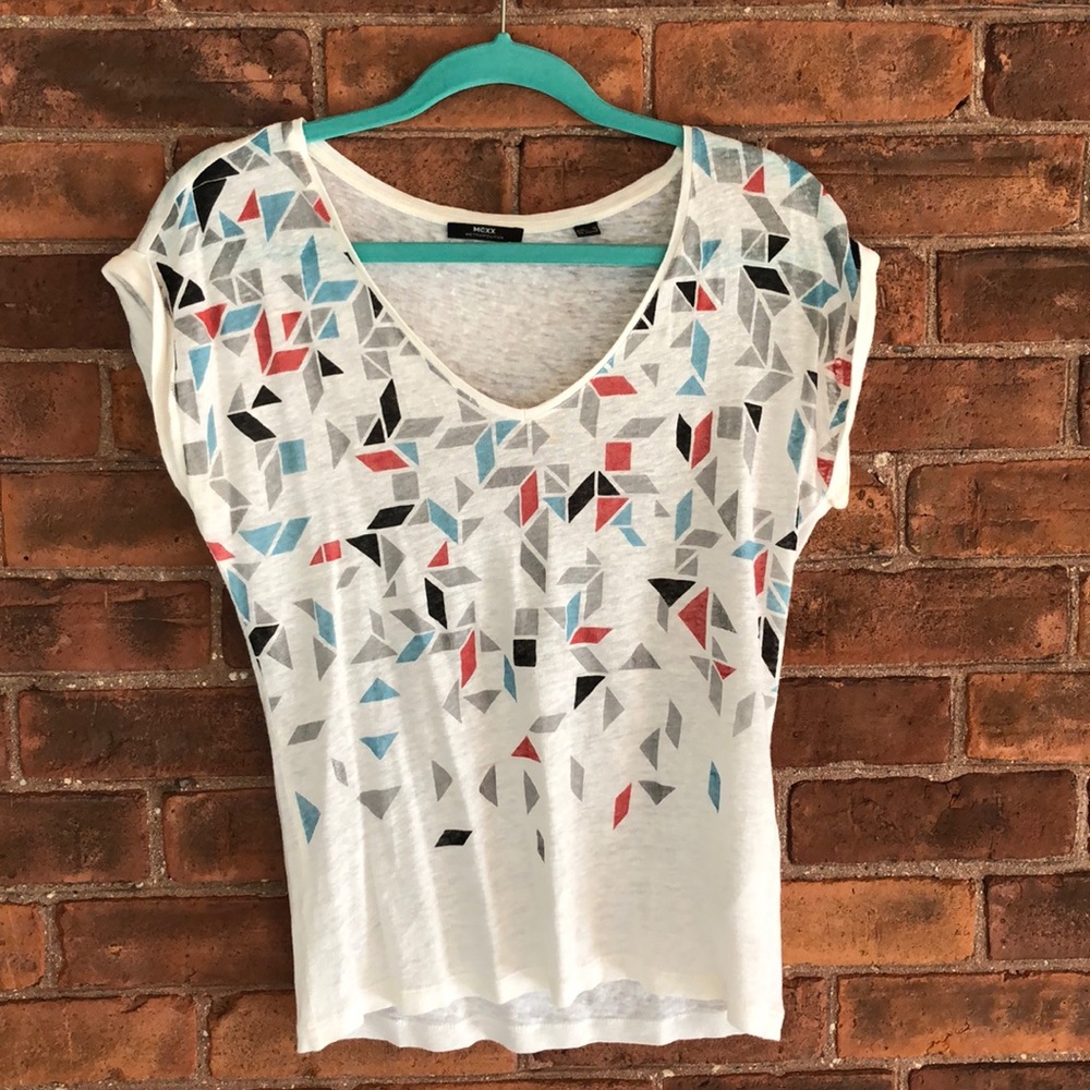 Women’s Geometric Print V-Neck Top in White with Multicolor Accents